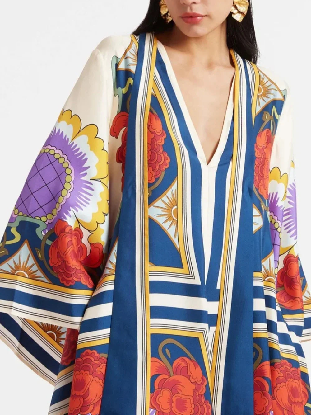 Exquisite Floral Print Draped Waterfall Sleeves Maxi Dress Dresses