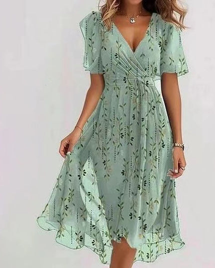 Women's Chiffon Printed V-Neck Dress Light green bamboo Dress