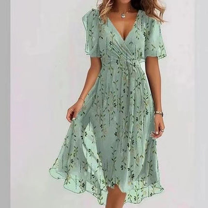 Women's Chiffon Printed V-Neck Dress Light green bamboo Dress