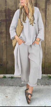 Women's 2-Piece V-Neck Long Sleeve Top & High-Waist Wide-Leg Pants Set with Pockets Gray set