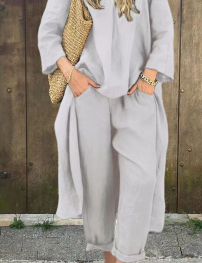 Women's 2-Piece V-Neck Long Sleeve Top & High-Waist Wide-Leg Pants Set with Pockets Gray set