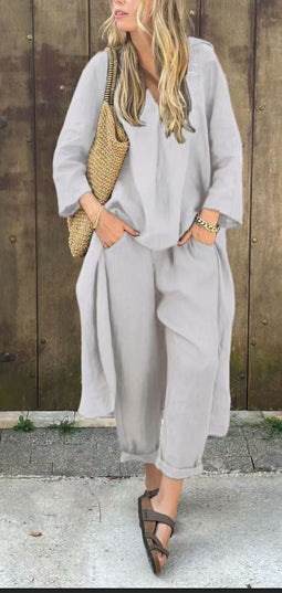 Women's 2-Piece V-Neck Long Sleeve Top & High-Waist Wide-Leg Pants Set with Pockets Gray set