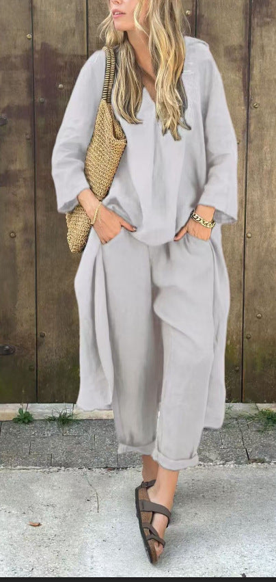 Women's 2-Piece V-Neck Long Sleeve Top & High-Waist Wide-Leg Pants Set with Pockets Gray set