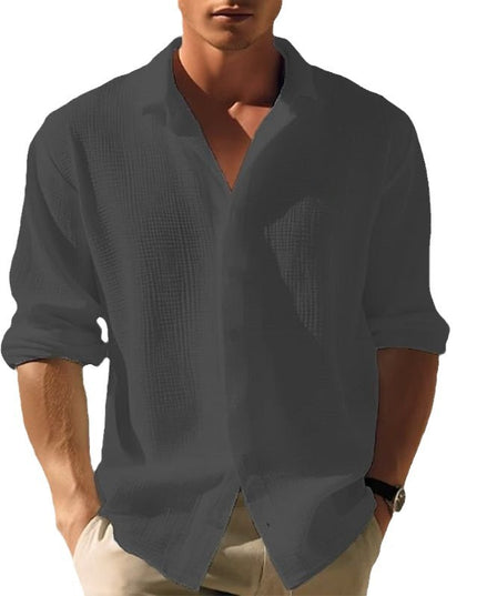 Men's Lapel Long Sleeve Shirt - Solid, Single Breasted for Fall & Spring Men T-Shirts