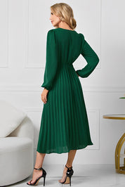 V-Neck Long Sleeve Tie Waist Midi Dress