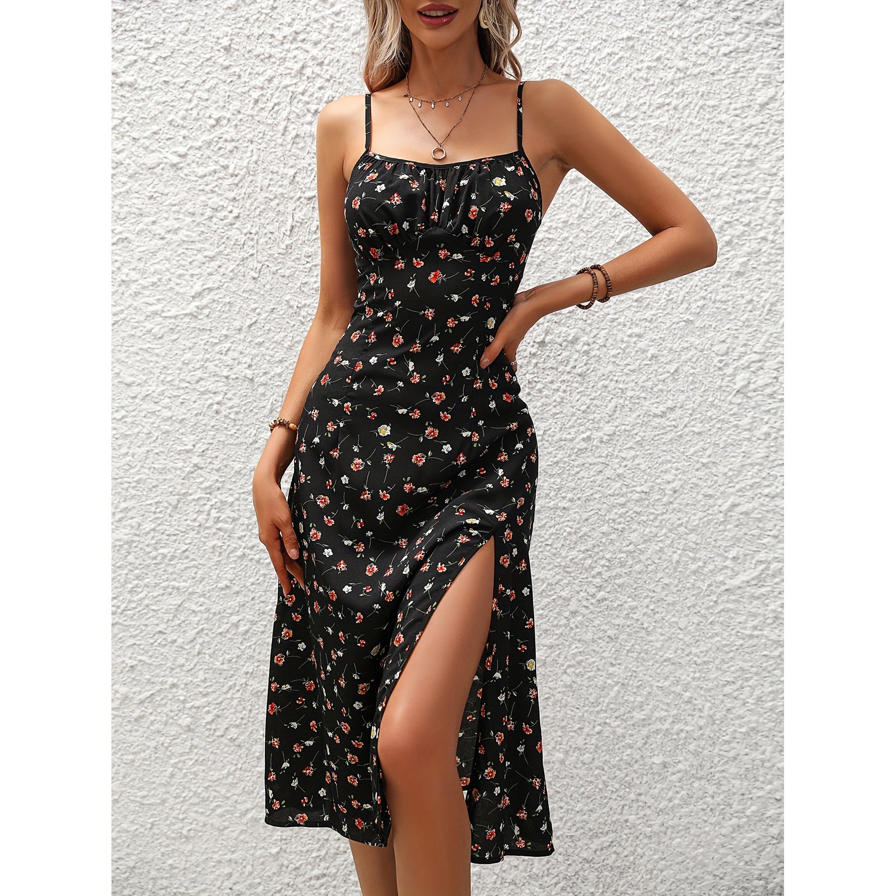 Polka Dot Split Suspender Maxi Dress Black Dresses