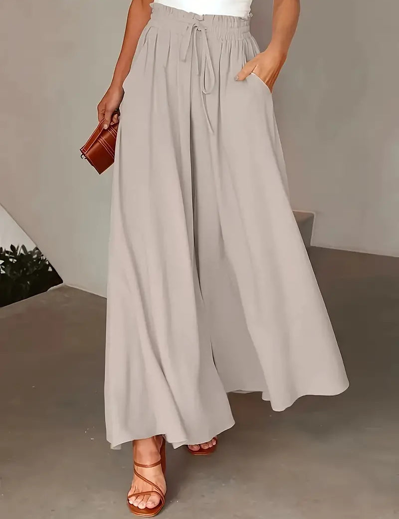 Polka Dot Elastic-Waist Wide-Leg Trousers Granny Grey Trousers