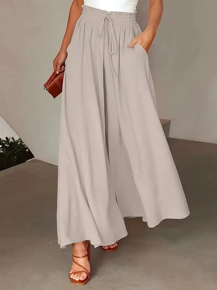 Polka Dot Elastic-Waist Wide-Leg Trousers Granny Grey Trousers