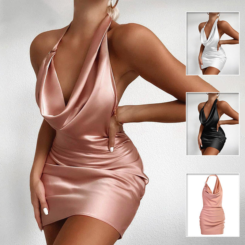 Satin V-Neck Backless Mini Dress Dresses