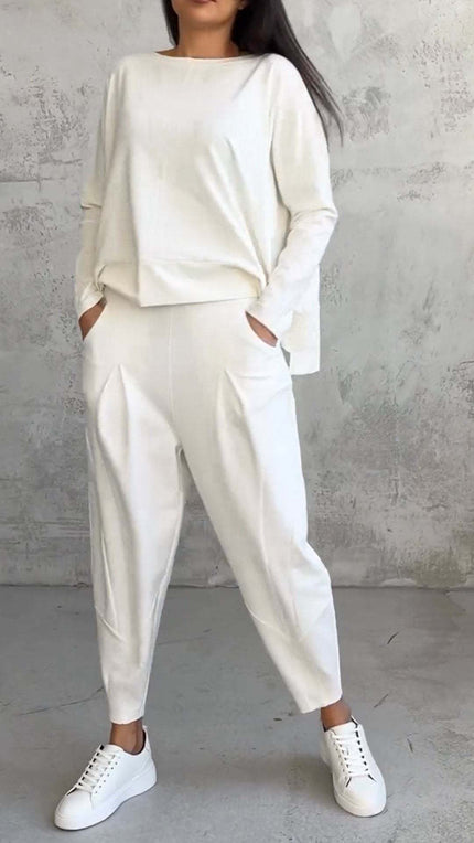 Women's Irregular Long-Sleeve Top & Harem Pants Set White set