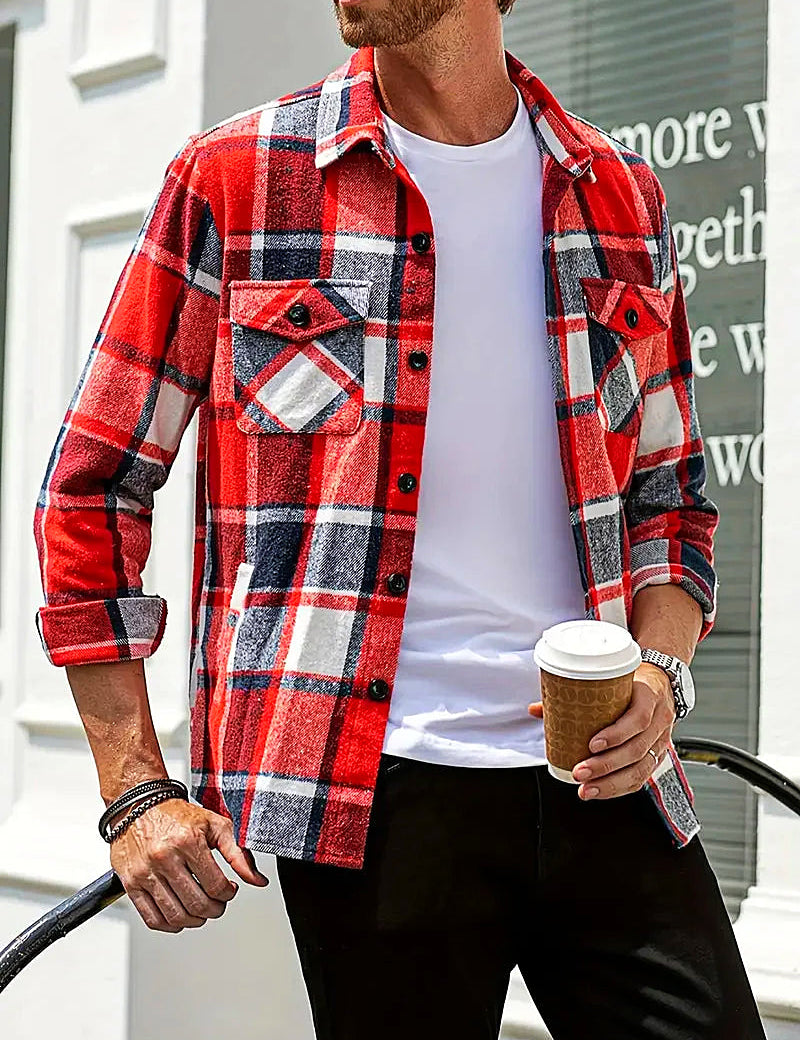 Men's Plaid Loose Cardigan Shirt Red-black Cardigan Shirt