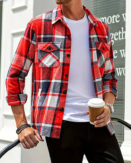 Men's Plaid Loose Cardigan Shirt Red-black Cardigan Shirt