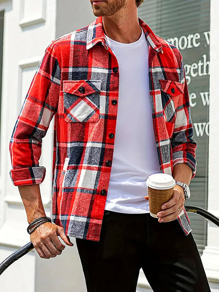 Men's Plaid Loose Cardigan Shirt Red-black Cardigan Shirt