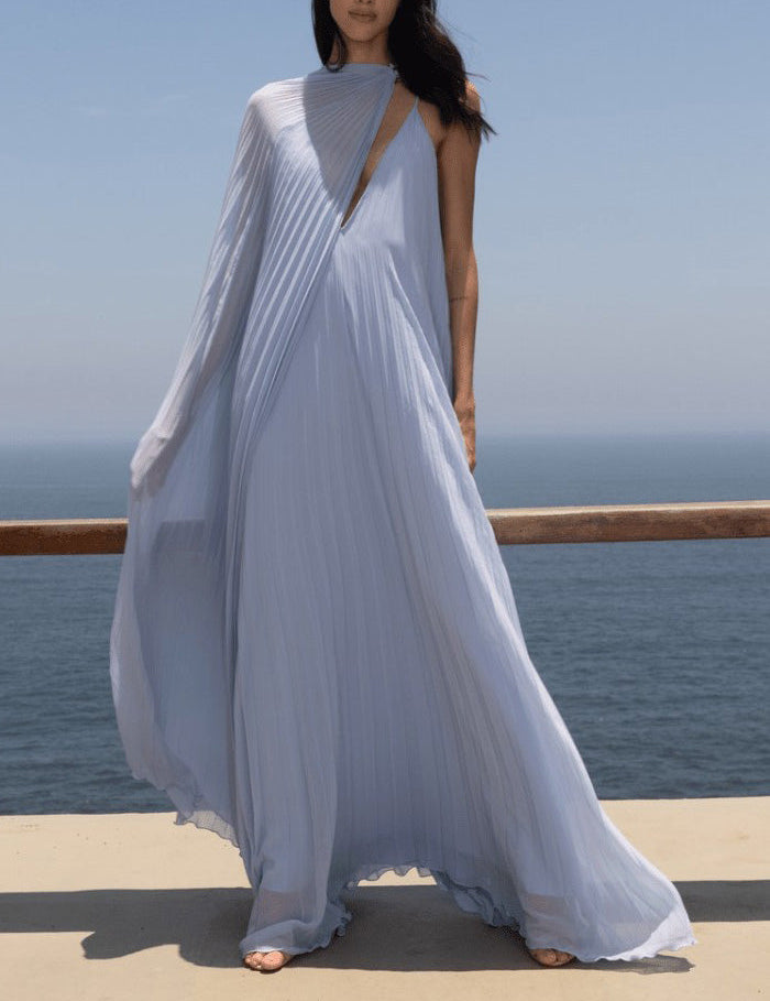Elegant V-neck Pleated Flowy Maxi Dress Blue Dresses