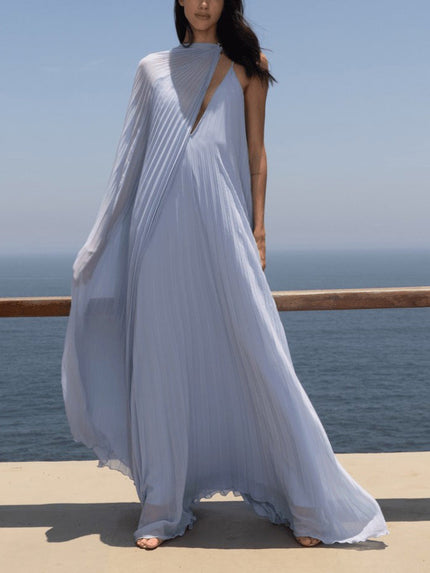 Elegant V-neck Pleated Flowy Maxi Dress Blue Dresses