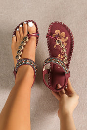 Toe Loop PU Leather Flats Sandals Deep Red Women's Sandals