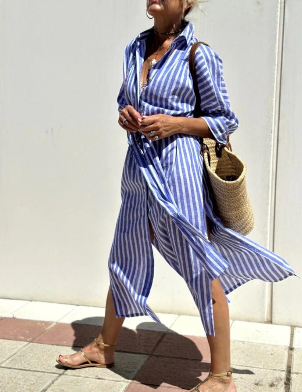Striped Shirt Dress With Belt Blue Dresses