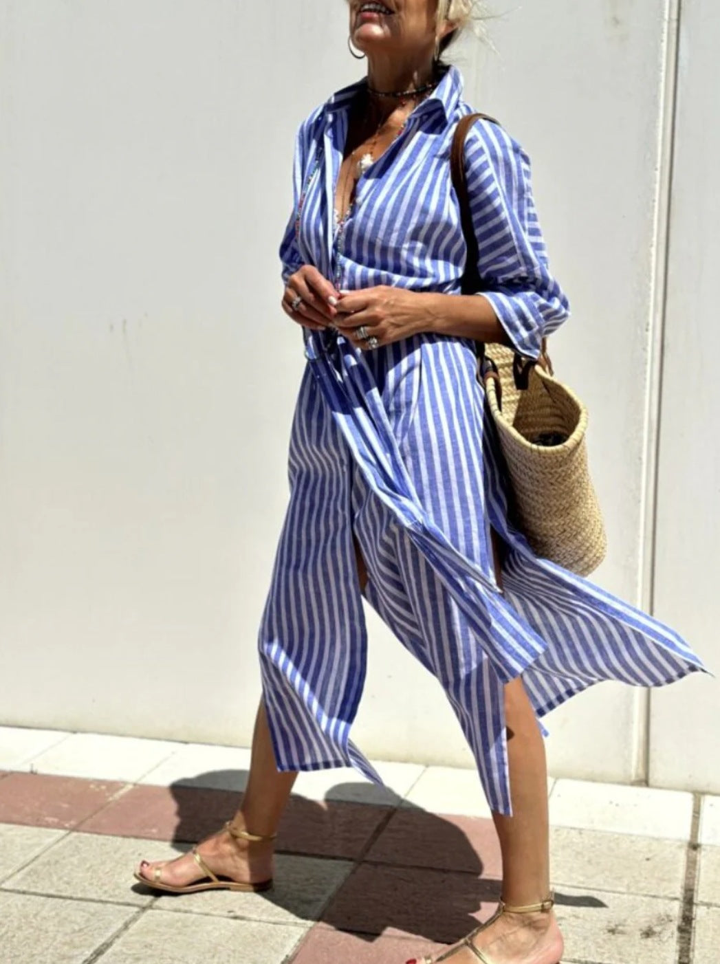 Striped Shirt Dress With Belt Blue Dresses