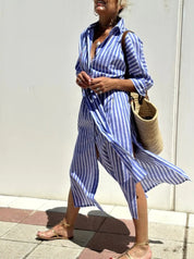 Striped Shirt Dress With Belt Blue Dresses