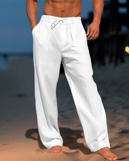 Men's Casual Wide-Leg Drawstring Pants with Pockets White Trousers