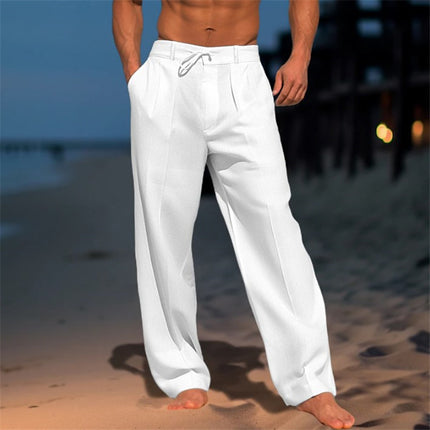 Men's Casual Wide-Leg Drawstring Pants with Pockets White Trousers