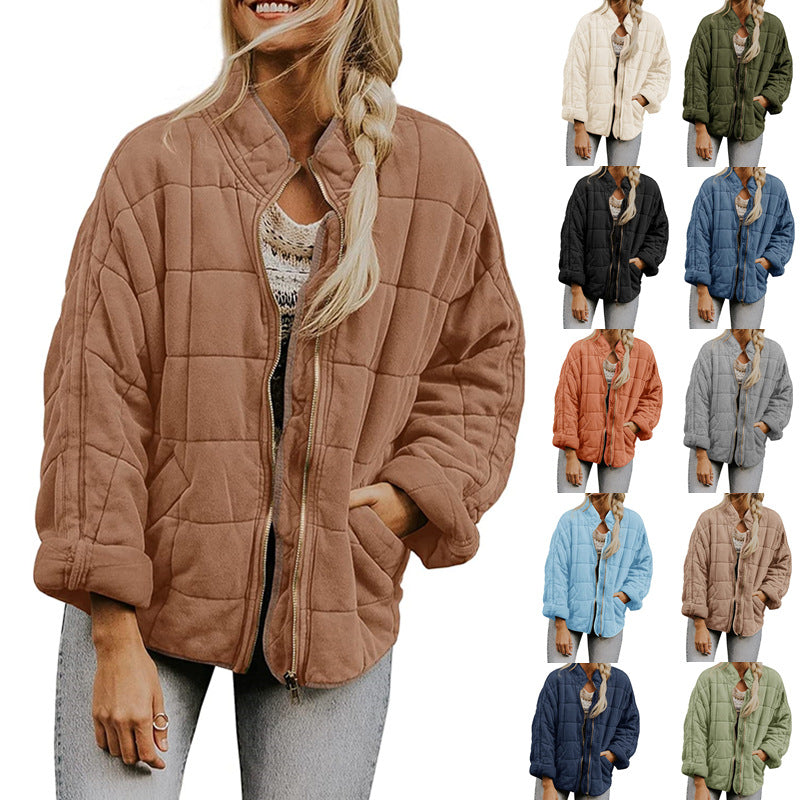 Plaid Stand-Collar Zip-Up Winter Coat for Women Coat