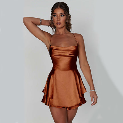 Sexy Backless Satin Suspender Mini Dress Brown Dresses