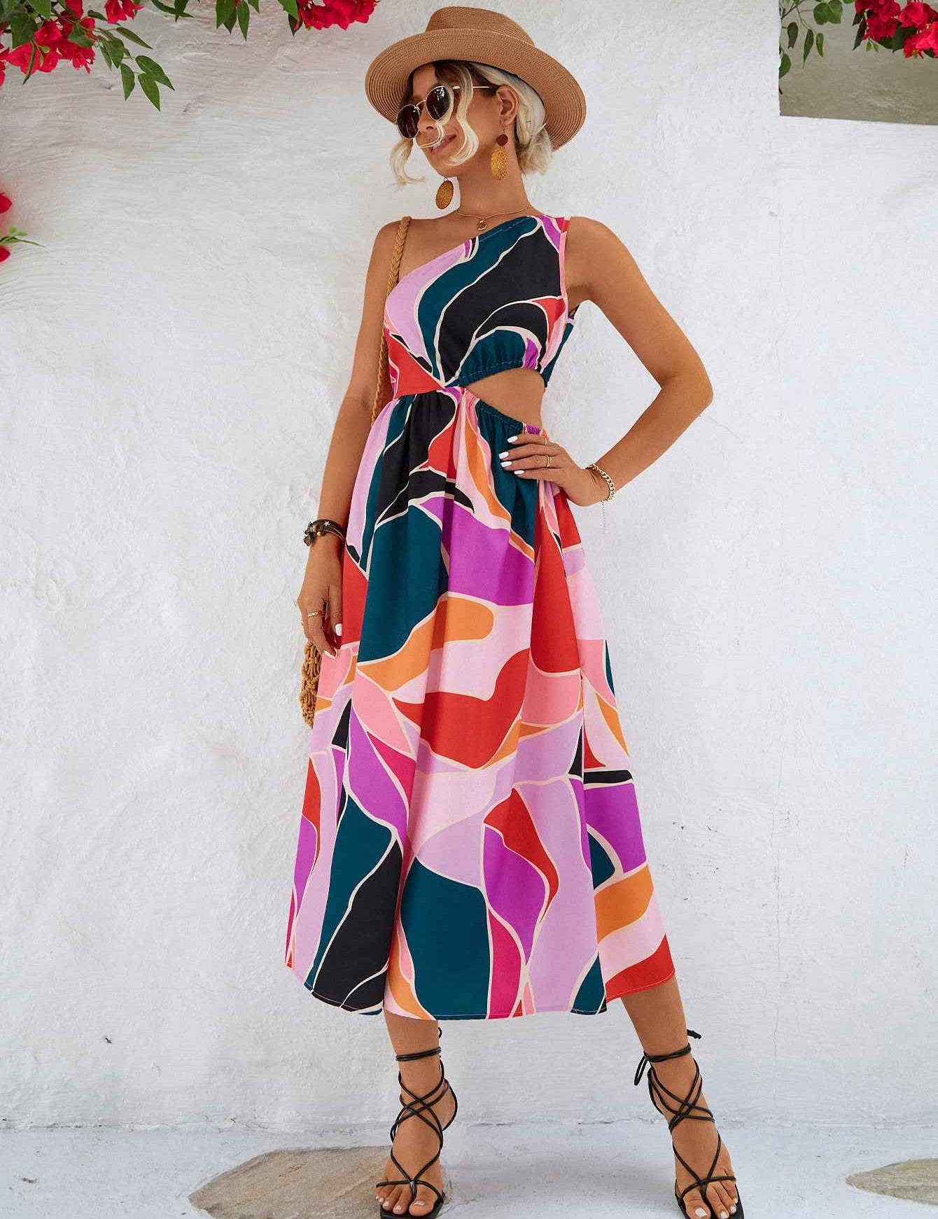Printed Cutout One-Shoulder Sleeveless Dress