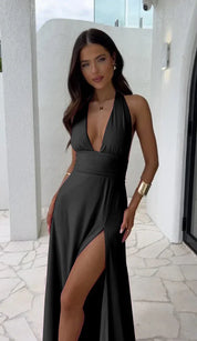 Horizon | Deep V Neck Split Solid Color Dress Black Dress
