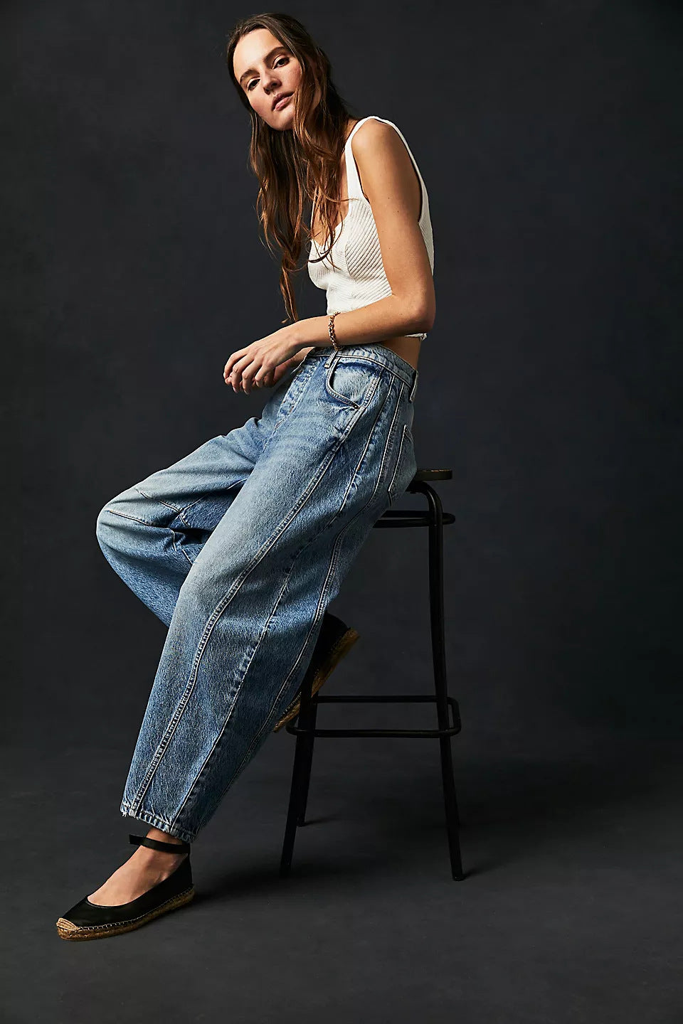 High-Stretch Mid-Rise Barrel Jeans Women Pants