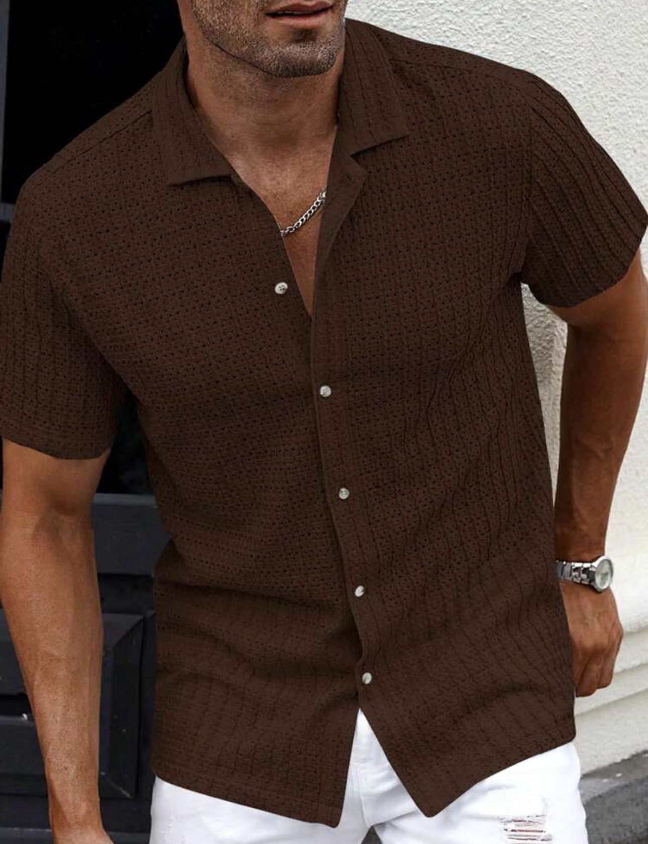 Men's Slim Fit Short Sleeve Casual Shirt Dark Brown Shirts