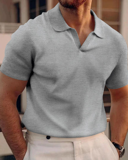 Men's INS Waffle Lapel Short-Sleeved Polo Shirt – Summer Solid Color V-Neck Light Gray Polo Shirts