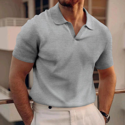 Men's INS Waffle Lapel Short-Sleeved Polo Shirt Light Gray Polo Shirts