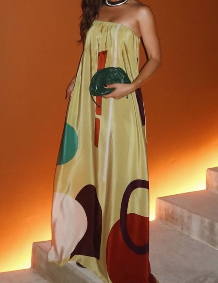 Off Shoulder Satin Maxi Dress with Pockets Multicolor Dresses