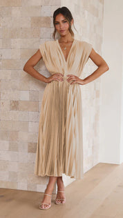 Summer V-Neck Pleated Sleeveless Dress Champagne Dress