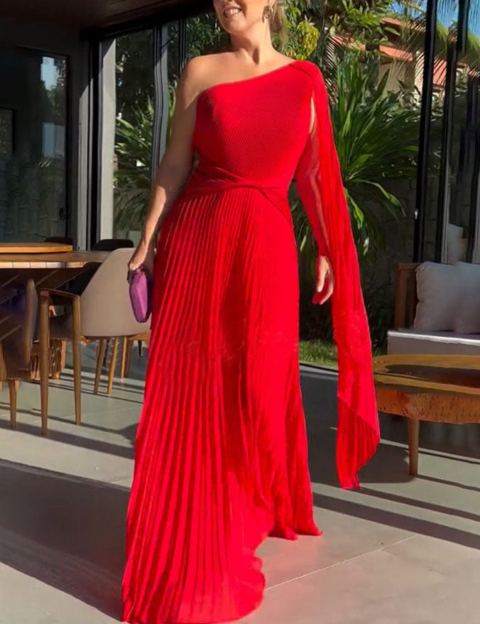 Elegant Off Shoulder Pleated Maxi Dress Red Dresses