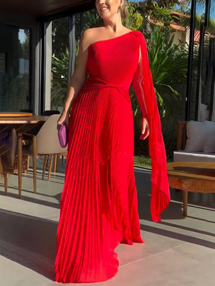 Elegant Flowing Pleated Off-the-Shoulder Maxi Dress Red Dresses
