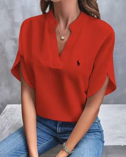 RALPH LAUREN - Classic V-Neck T-Shirt Red Women Tops