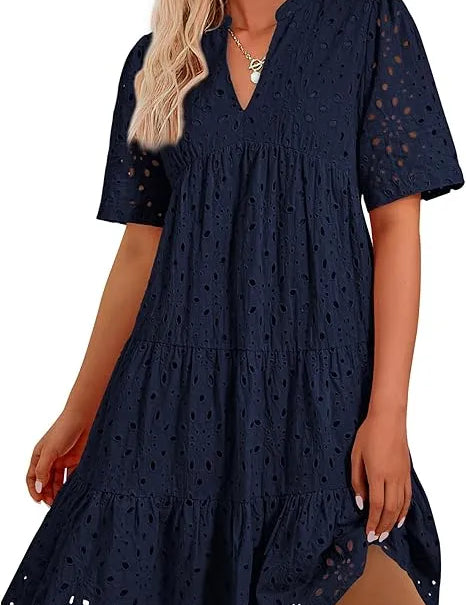 Women's V Neck Short Sleeve Hollow Out Mini Dress Navy Blue Dresses