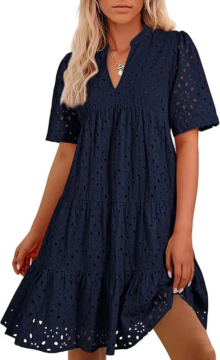 Women's V Neck Short Sleeve Hollow Out Mini Dress Navy Blue Dresses