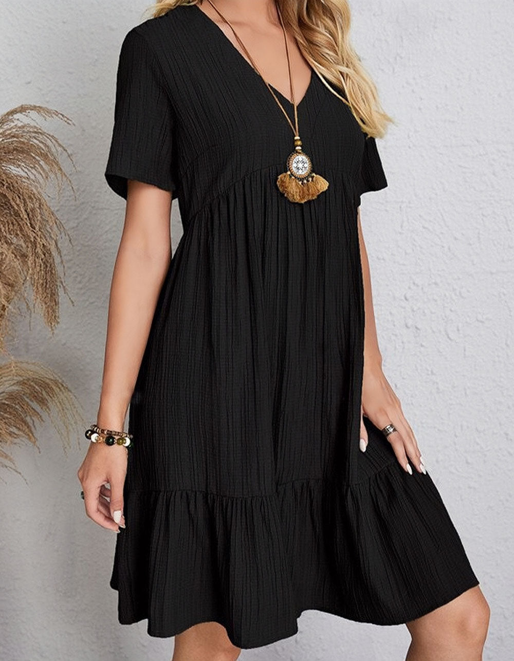 Angelina™ | V-Neck Midi A-Line Dress Black A-Line Dresses