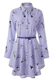 Women's Long Sleeve Striped Cotton Shirt Blue Printed Bird Shirts & Tops