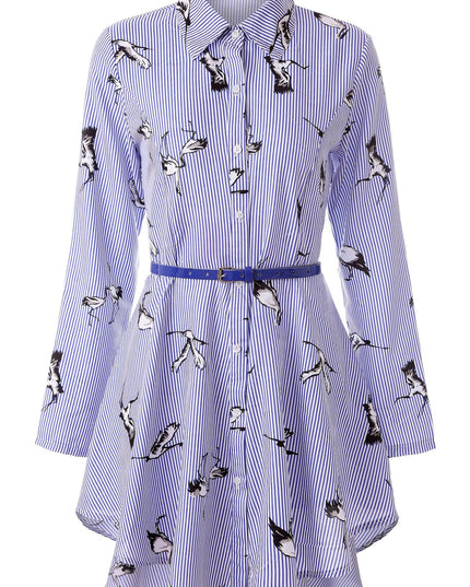 Women's Long Sleeve Striped Cotton Shirt Blue Printed Bird Shirts & Tops
