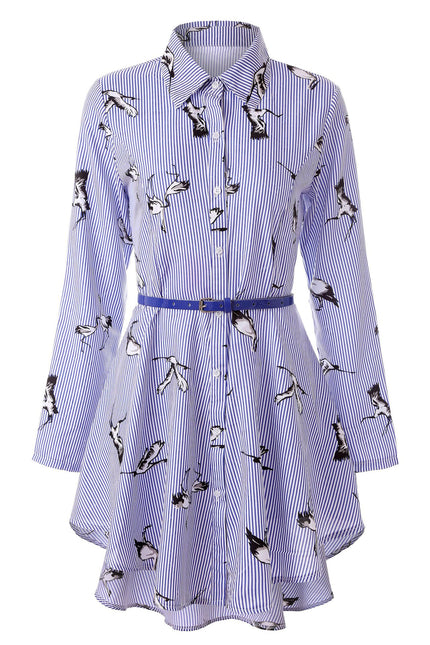 Women's Long Sleeve Striped Cotton Shirt Blue Printed Bird Shirts & Tops