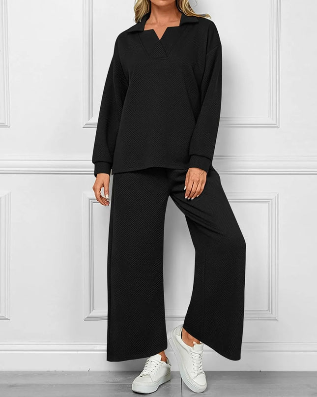 Mireya™ | Women's Lapel V Neck Textured Lounge Sets Two piece set