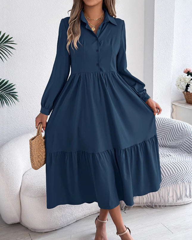 Women's Lapel Loose Ruffled Shirt Dress – Casual Long-Sleeve Vacation Dress Dresses
