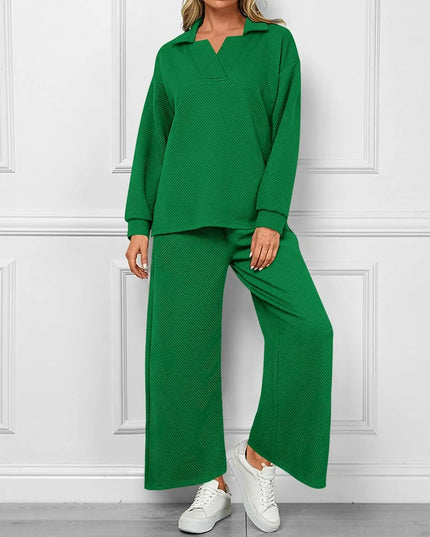 Mireya™ | Women's Lapel V Neck Textured Lounge Sets Green Two piece set