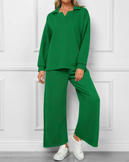 Mireya™ | Women's Lapel V Neck Textured Lounge Sets Green Two piece set