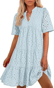 Women's V Neck Short Sleeve Hollow Out Mini Dress Baby Blue Dresses