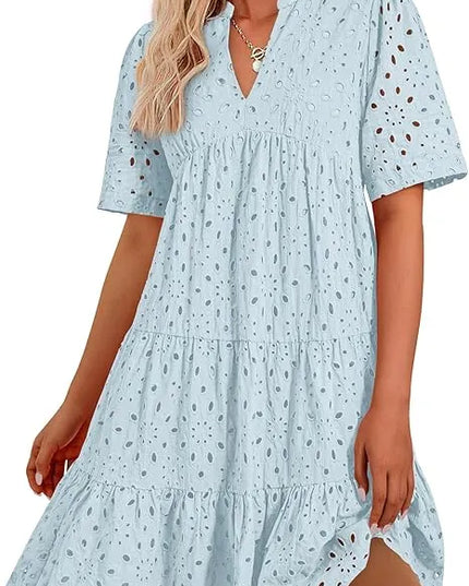 Amberly™ | Women's V Neck Short Sleeve Hollow Out Mini Dress Baby Blue Dress